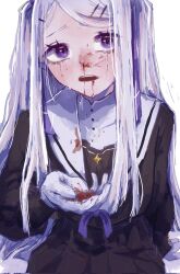 Rule 34 | 1girl, arm support, black serafuku, black shirt, blood, blood on hands, bruise, bruise on face, commentary request, corrupted twitter file, crying, crying with eyes open, furrowed brow, geminism, gloves, grey hair, hair ornament, hair ribbon, hairclip, hand up, highres, hirosoma kikyou, injury, long hair, long sleeves, looking at viewer, neck ribbon, nosebleed, open mouth, purple eyes, purple ribbon, raised eyebrows, ribbon, sailor collar, school uniform, serafuku, shirt, sitting, solo, swept bangs, tanaka ruuchin, tears, two side up, undershirt, white background, white gloves, white sailor collar
