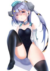 Rule 34 | 1girl, absurdres, aqua hat, aruka0807, black one-piece swimsuit, black ribbon, black thighhighs, competition swimsuit, elbow gloves, garrison cap, gloves, grey hair, hair ornament, hair ribbon, hat, highleg, highleg swimsuit, highres, kantai collection, long hair, one-piece swimsuit, red eyes, ribbon, scamp (kancolle), side ponytail, simple background, sitting, solo, star (symbol), star hair ornament, swimsuit, thighhighs, white background, white gloves