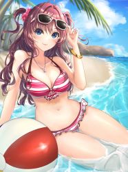 Rule 34 | 1girl, absurdres, ahoge, ball, bare legs, beach, beachball, bikini, blue sky, bracelet, breasts, cleavage, closed mouth, cloud, collarbone, commentary, day, eyewear on head, frilled bikini, frills, hair ornament, hair scrunchie, highres, huge filesize, ichinose shiki, idolmaster, idolmaster cinderella girls, jewelry, lips, long hair, looking at viewer, medium breasts, navel, necklace, nyome991, ocean, outdoors, palm tree, partially submerged, red bikini, red hair, scrunchie, shore, sitting, sky, smile, solo, striped bikini, striped clothes, sunglasses, swimsuit, thighs, tree, wavy hair