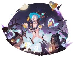 Rule 34 | 1girl, animal, arm up, azur lane, belt, bikini, bikini top only, bird, blue eyes, blush, branch, breasts, candle, cellphone, collarbone, earrings, fishnet thighhighs, fishnets, freng, frills, full body, ghost, gloves, glowstick, gradient sky, hat, high heels, highres, holding, jacket, jade (a good girl&#039;s magic) (azur lane), jade (azur lane), jewelry, leg tattoo, manjuu (azur lane), midriff, miniskirt, moon, navel, night, night sky, official alternate costume, official art, one eye closed, open clothes, open jacket, phone, rocket ship, selfie stick, short hair, single thighhigh, skirt, skull, sky, small breasts, smartphone, smile, spacecraft, sparkle, stereo, stomach, swimsuit, tattoo, thighhighs, thighs, tombstone, tree, witch hat