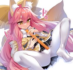 Rule 34 | 1girl, absurdres, animal ear fluff, animal ears, bare shoulders, blush, bow, braided sidelock, fate/samurai remnant, fate (series), fox ears, fox girl, fox tail, highres, japanese clothes, kimono, long hair, long sleeves, lying, measuring, on back, pantyhose, penis measuring, pink hair, short eyebrows, smile, solo, spread legs, tail, tamamo (fate), tamamo aria (fate), very long hair, white pantyhose, wisespeak, yellow bow, yellow eyes, yellow kimono