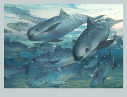 Rule 34 | blue theme, border, caustics, chinese commentary, commentary request, dated, day, dolphin, fish, grey border, hjl, no humans, original, outdoors, swimming, traditional media, underwater, white border