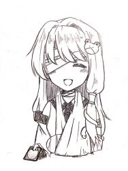 Rule 34 | 1girl, :d, bandage over one eye, blush, commentary request, detached sleeves, efukei, frog hair ornament, greyscale, hair ornament, hair tubes, holding, kochiya sanae, long hair, monochrome, one eye covered, open mouth, simple background, smile, snake hair ornament, solo, touhou, upper body, white background
