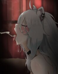 Rule 34 | 1girl, after fellatio, animal ear fluff, animal ears, blush, censored, closed eyes, cum, cum in mouth, cumdrip, facial, grey hair, highres, hololive, lion ears, lion girl, mdthetest, open mouth, shishiro botan, tongue, tongue out, virtual youtuber