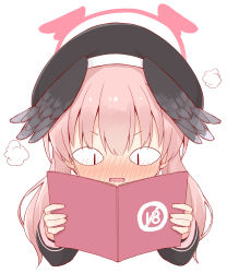 Rule 34 | 1girl, ayanepuna, beret, black hat, black jacket, black wings, blue archive, blush, cropped torso, feathered wings, halo, hat, head wings, highres, holding, jacket, koharu (blue archive), long hair, long sleeves, nose blush, parted lips, pink hair, simple background, solo, twintails, upper body, v-shaped eyebrows, wavy mouth, white background, wings