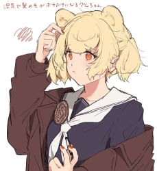 Rule 34 | 1girl, animal ears, aogisa, arknights, blonde hair, brown jacket, closed mouth, gummy (arknights), hair ornament, jacket, looking away, medium hair, nail polish, open clothes, open jacket, red eyes, school uniform, solo, translation request, white background