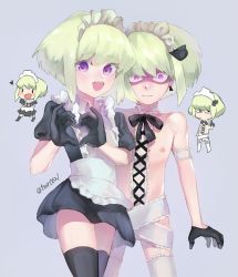Rule 34 | 2boys, alternate costume, angry, apron, bad id, bad twitter id, belt, black dress, blonde hair, blush, dress, dual persona, enmaided, frills, gloves, green hair, heart, heart hands, highres, jewelry, lio fotia, long hair, looking at viewer, maid, maid apron, maid headdress, male focus, multiple boys, one eye closed, promare, puffy short sleeves, puffy sleeves, ribbon, short sleeves, simple background, smile, tmr0621, trap, waist apron