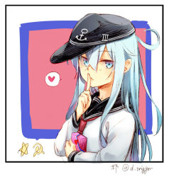 Rule 34 | 1girl, anchor symbol, artist name, black hat, black sailor collar, blue eyes, commentary request, finger to mouth, flat cap, gift, gou (double trigger), hammer and sickle, hat, hibiki (kancolle), index finger raised, kantai collection, long hair, looking at viewer, neckerchief, red neckerchief, sailor collar, school uniform, serafuku, silver hair, solo, twitter username, upper body