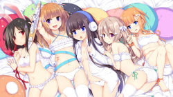 Rule 34 | 5girls, :o, animal ears, ass, azur lane, barefoot, bed sheet, black hair, blue eyes, blue ribbon, blunt bangs, blush, bra, breasts, brown hair, closed mouth, collarbone, dress shirt, fortune (azur lane), foxhound (azur lane), frilled bra, frilled panties, frills, hair ornament, halterneck, haluka (aixioo), hand up, headphones, highres, hitodama, holding, kagerou (azur lane), knees together feet apart, lingerie, long hair, long island (azur lane), looking at another, lying, medium breasts, model ship, multiple girls, navel, no bra, odd one out, on back, on bed, on side, open clothes, open mouth, open shirt, orange eyes, orange hair, outstretched arm, panties, parted lips, pillow, purple eyes, rabbit ears, red eyes, red ribbon, ribbon, shiranui (azur lane), shirt, sleeves past wrists, small breasts, smile, sparkle, thighhighs, thighs, underwear, very long hair, wedgie, white bra, white legwear, white panties, wrist ribbon