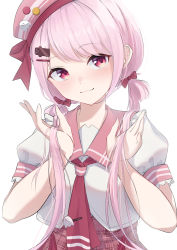 Rule 34 | 1girl, absurdres, alternate costume, blush, bow, hair bow, hair ornament, hair over shoulder, hairclip, highres, long hair, looking at viewer, low twintails, necktie, nijisanji, pink hair, pink necktie, pink sailor collar, pink skirt, plaid, plaid skirt, puffy short sleeves, puffy sleeves, red bow, red eyes, sailor collar, school uniform, shiina yuika, shiina yuika (7th costume), shirt, short sleeves, simple background, skirt, smile, solo, swept bangs, twintails, unidon 48, very long hair, virtual youtuber, white background, white shirt