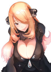 Rule 34 | 1girl, arms behind back, black coat, blonde hair, bra strap, breasts, brown eyes, cleavage, closed mouth, coat, commentary request, creatures (company), cynthia (pokemon), downblouse, elite four, fur collar, game freak, hair ornament, hair over one eye, head tilt, highres, large breasts, leaning forward, lips, long hair, long sleeves, looking at viewer, nintendo, pants, pokemon, pokemon dppt, simple background, smile, solo, sparkle, tokihanatareshi, upper body, white background