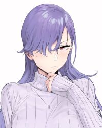 Rule 34 | 1girl, blush, breasts, closed mouth, goshiki suzu, grey sweater, hair between eyes, hair over one eye, long hair, long sleeves, looking at viewer, medium breasts, mole, mole under eye, original, purple hair, red eyes, ribbed sweater, simple background, sleeves past wrists, solo, sweater, tokiwa nao, turtleneck, turtleneck sweater, upper body, white background