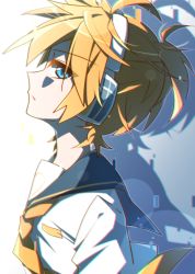 Rule 34 | 1boy, aosaki yato, bass clef, black collar, blonde hair, blue eyes, collar, digital dissolve, from side, half-closed eyes, headphones, highres, kagamine len, looking at viewer, looking to the side, male focus, necktie, parted lips, sailor collar, school uniform, shadow, short hair, short ponytail, short sleeves, sidelighting, spiked hair, upper body, vocaloid, yellow neckwear