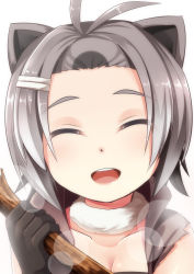 Rule 34 | 10s, 1girl, :d, ^ ^, american beaver (kemono friends), animal ears, antenna hair, bare shoulders, beaver ears, black gloves, blush, breasts, cleavage, close-up, closed eyes, collarbone, detached collar, facing viewer, forehead, fur collar, gloves, grey hair, hair ornament, hairclip, highres, holding, kemono friends, open mouth, round teeth, short hair, simple background, sleeveless, small breasts, smile, solo, stick, teeth, upper body, vest, white background, yasume yukito