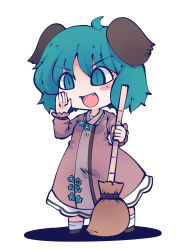 Rule 34 | 1girl, :d, ahoge, animal ears, black footwear, broom, brown dress, chahan (fried rice0614), dog ears, dress, fang, full body, green eyes, green flower, green hair, highres, holding, holding broom, kasodani kyouko, long sleeves, one-hour drawing challenge, open mouth, short hair, simple background, smile, solo, standing, touhou, v-shaped eyebrows, white background, white legwear