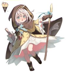 Rule 34 | 1girl, :o, aqua eyes, blush, boots, bow, bowtie, brown cape, cape, cloneko (zelmeledf2), crepe, dress, fantasy, female focus, food, gloves, highres, holding, holding scroll, holding staff, hood, hood up, hooded cape, layered dress, mage, original, personification, potion, scroll, simple background, single glove, solo, staff, striped bow, striped bowtie, striped clothes, tareme, white background, white hair