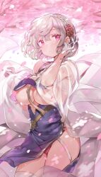 Rule 34 | 1girl, azur lane, breast curtain, breasts, cherry blossoms, closed mouth, flower, gloves, grey hair, hair flower, hair ornament, half gloves, kibii mocha, large breasts, looking at viewer, panties, pantyshot, petals, pink eyes, red flower, see-through, see-through sleeves, short hair, sirius (azur lane), sirius (azure horizons) (azur lane), solo, tassel, thighhighs, underboob, underwear, white gloves, white thighhighs