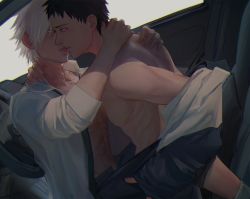 Rule 34 | 2boys, abs, black hair, blouse, blush, car, car seat, datomato, grey hair, hand around neck, hand on another&#039;s shoulder, hatake kakashi, hickey, highres, imminent kiss, jacket, looking at another, male focus, motor vehicle, multiple boys, muscular, muscular male, naruto (series), naruto shippuuden, nipples, open clothes, open mouth, pants, pectorals, red eyes, shirt, short hair, socks, straddling, uchiha obito, undressing, white shirt, yaoi