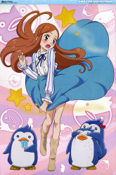 Rule 34 | 10s, 1girl, absurdres, bird, blush, boots, bow, brown hair, covering privates, dress, embarrassed, food, highres, incredibly absurdres, long hair, long legs, mawaru penguindrum, nyantype, official art, penguin, penguin 1-gou, penguin 2-gou, penguin 3-gou, popsicle, purple eyes, saliva, scan, sonobe aiko, star (symbol), takakura himari, wind, wind lift
