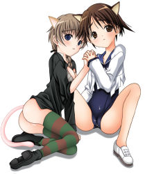 Rule 34 | 00s, 2girls, animal ears, blue eyes, brown eyes, lynette bishop, miyafuji yoshika, multiple girls, rikky, school swimsuit, shoes, short hair, strike witches, swimsuit, tail, thighhighs, world witches series