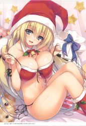 Rule 34 | 1girl, absurdres, bare shoulders, bell, bikini, blonde hair, blue eyes, boots, breasts, christmas, cleavage, collarbone, detached collar, detached sleeves, fingernails, fur trim, hat, highres, knee boots, large breasts, looking at viewer, navel, open mouth, original, page number, sack, santa bikini, santa hat, scan, shiny skin, simple background, sitting, smile, solo, star (symbol), swimsuit, thighs, tomose shunsaku