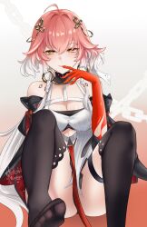 Rule 34 | 1girl, absurdres, ahoge, bare shoulders, black collar, black jacket, black thighhighs, body markings, braid, breasts, chain, changli (wuthering waves), cleavage, clothing cutout, collar, colored extremities, commentary, dress, english commentary, finger to mouth, foot out of frame, foot up, gradient background, hair between eyes, hair extensions, hair intakes, hair ornament, halterneck, highres, hollow mimikyu, jacket, large breasts, long hair, looking at viewer, multicolored hair, open clothes, open jacket, orange background, pink hair, signature, sitting, smile, solo, thigh strap, thighhighs, toes, twin braids, two-tone hair, underboob cutout, very long hair, white background, white dress, white hair, wuthering waves, yellow eyes