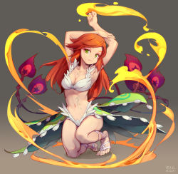Rule 34 | 1girl, armpits, arms up, barefoot, barefoot sandals (jewelry), bikini, bikini top only, fire, green eyes, long hair, looking at viewer, midriff, navel, on one knee, personification, phoenix (p&amp;d), puzzle &amp; dragons, red hair, solo, swimsuit, tennohi, white bikini