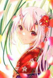 Rule 34 | 1girl, absurdres, bad id, bad pixiv id, blush, closed mouth, flower, from side, gradient hair, hair flower, hair ornament, highres, hololive, horns, huge filesize, japanese clothes, kanzashi, kimono, long hair, looking at viewer, mihanada kasumi, multicolored hair, nakiri ayame, nakiri ayame (new year), oni, print kimono, red eyes, red hair, red kimono, side ponytail, skin-covered horns, smile, solo, streaked hair, upper body, virtual youtuber, white hair