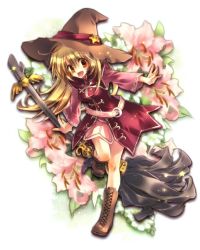 Rule 34 | 1girl, :d, player character (mabinogi), blonde hair, boots, broom, character request, flower, hat, lily (flower), long hair, mabinogi, mariko (leda), open mouth, orange eyes, smile, solo, witch, witch hat
