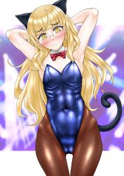Rule 34 | 1girl, animal ears, armpits, arms behind back, blush, bow, bowtie, breasts, brown pantyhose, cameltoe, cat ears, cat tail, cleft of venus, closed mouth, covered navel, embarrassed, glasses, highres, leotard, looking at viewer, pantyhose, perrine h. clostermann, red bow, red bowtie, shiromitsu suzaku, small breasts, solo, strike witches, tail, world witches series, yellow eyes