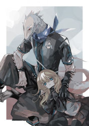 Rule 34 | 1girl, animal ears, arknights, black gloves, black jacket, black shirt, blonde hair, blue eyes, blue neckwear, check commentary, commentary request, durin (arknights), frown, furry, furry male, gloves, jacket, lizard, mugikum0, rangers (arknights), shirt, sitting, tail