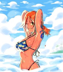 Rule 34 | 1girl, arms behind head, arms up, bikini, bikini top only, breasts, brown eyes, cleavage, cloud, cloudy sky, commentary, english commentary, grin, haidenisa, large breasts, long hair, looking at viewer, nami (one piece), navel, one eye closed, one piece, orange hair, partially submerged, sky, smile, solo, swimsuit, tattoo, wet