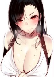 Rule 34 | 1990s (style), 1girl, black hair, blush, breasts, breath, brown eyes, cleavage, clothes pull, earrings, female focus, final fantasy, final fantasy vii, hase neet, jewelry, large breasts, long hair, naughty face, retro artstyle, shirt pull, sketch, smile, solo, suspenders, tifa lockhart, upper body