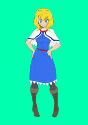 Rule 34 | 1girl, absurdres, alice margatroid, ascot, blonde hair, blue dress, blue eyes, blush, boots, breasts, brown footwear, capelet, closed mouth, commentary request, cookie (touhou), cross-laced footwear, dress, frilled capelet, frilled dress, frills, full body, green background, hands on own hips, highres, looking at viewer, medium breasts, red ascot, red sash, sash, shitsumin, short hair, simple background, smile, solo, standing, touhou, web (cookie), white capelet