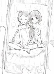 Rule 34 | 1other, 2girls, after bathing, ahoge, braid, braiding hair, cellphone, cushion, closed eyes, grin, hairdressing, highres, holding, holding phone, indian style, kokekokko coma, monochrome, multiple girls, naked towel, original, phone, sitting, smartphone, smile, steam, taking picture, towel, twin braids, wet