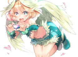 Rule 34 | 1girl, :d, aphrodite (dragon poker), bare shoulders, blonde hair, blush, collarbone, detached sleeves, dragon poker, green eyes, green socks, head wings, heart, heart-shaped pupils, heart hands, looking at viewer, midriff, nail polish, naso4, navel, open mouth, shoes, shorts, simple background, smile, socks, solo, symbol-shaped pupils, white background, white wings, wings, wrist cuffs