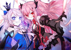 Rule 34 | 2girls, black dress, black ribbon, blue dress, blue eyes, blue horns, bright pupils, buttons, crossover, crown, demon, detached sleeves, dress, elsword, grin, horns, krul tepes, long hair, looking at viewer, luciela r. sourcream, multiple girls, owari no seraph, pink hair, pointy ears, red eyes, red ribbon, ribbon, sakon04, sleeveless, sleeveless dress, smile, star-shaped pupils, star (symbol), symbol-shaped pupils, white hair, white ribbon