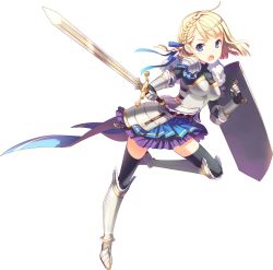 Rule 34 | 1girl, absurdres, anywhere dungeon, armor, armored boots, artist request, black thighhighs, blonde hair, blue eyes, boots, braid, character request, french braid, full body, greaves, grey footwear, hair ribbon, highres, holding, holding shield, holding sword, holding weapon, knee boots, leg up, official art, open mouth, ribbon, shield, simple background, skirt, solo, sword, thighhighs, weapon, white background