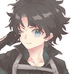 Rule 34 | 1boy, black gloves, black hair, black jacket, blue eyes, closed mouth, collarbone, command spell, fate/grand order, fate (series), fujimaru ritsuka (male), fujimaru ritsuka (male) (polar chaldea uniform), gloves, hand up, jacket, kidhukaji, looking at viewer, male focus, one eye closed, polar chaldea uniform, rubbing eyes, simple background, solo, uniform, white background