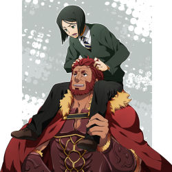 Rule 34 | 2boys, armor, beard, black hair, bob cut, cape, carrying, facial hair, fate/stay night, fate/zero, fate (series), green eyes, iskandar (fate), male focus, multiple boys, necktie, open mouth, parted bangs, piggyback, red eyes, red hair, shoulder carry, waver velvet, yun (neo)