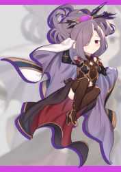 Rule 34 | 1girl, black gloves, blush, boots, breasts, brown footwear, brown leotard, brown thighhighs, cape, closed mouth, clothing cutout, colored shadow, commentary request, drop shadow, elbow gloves, gloves, granblue fantasy, hair over one eye, hand up, harvin, highres, leotard, long hair, looking at viewer, navel, navel cutout, niyon (granblue fantasy), purple hair, red eyes, shadow, small breasts, smile, solo, thigh boots, thighhighs, uneg, white cape, zoom layer