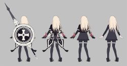 Rule 34 | 10s, 1girl, alternate costume, blonde hair, character sheet, cropped jacket, cross, from behind, full body, grey background, high heels, iron cross, kantai collection, lance, long hair, long sleeves, microskirt, multiple views, pantyhose, pleated skirt, polearm, ruisento, shield, simple background, skirt, standing, u-511 (kancolle), weapon, weapon on back