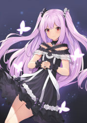 Rule 34 | 1girl, bare shoulders, blush, dress, dutch angle, gothic lolita, gradient background, highres, hololive, lolita fashion, long hair, looking at viewer, pak ce, pink hair, red eyes, skull collar, smile, solo, two side up, uruha rushia, uruha rushia (3rd costume), virtual youtuber, wrist cuffs