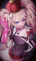 Rule 34 | 1girl, :d, absurdres, arm up, bear hair ornament, black choker, black necktie, blonde hair, blood, blue eyes, bow, breasts, choker, cleavage, collarbone, crown, danganronpa: trigger happy havoc, danganronpa (series), enoshima junko, fang, from above, game over, hair ornament, highres, kaiju ryoku, large breasts, long hair, looking at viewer, miniskirt, nail polish, necktie, open mouth, pink blood, pink eyes, plaid, plaid skirt, red nails, red skirt, shirt, skirt, smile, solo, swept bangs, tongue, tongue out, twintails, two-tone necktie, white necktie
