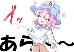 Rule 34 | 1girl, :d, alternate costume, belt, blue hat, breasts, closed eyes, clothing cutout, commentary request, ellen drawing, flying button, hat, highres, large breasts, mob cap, open mouth, pink hair, saigyouji yuyuko, short hair, short sleeves, simple background, smile, solo, touhou, upper body, white background