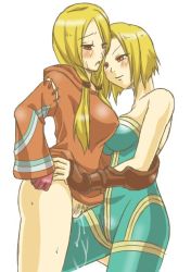 Rule 34 | 2girls, bare shoulders, blonde hair, blush, bodysuit, bottomless, brown eyes, female focus, final fantasy, final fantasy tactics, fingerless gloves, frottage, geomancer, geomancer (fft), gloves, long hair, monk, monk (fft), multiple girls, night-light, pubic hair, pussy, pussy juice, red eyes, short hair, smile, sweat, twintails, uncensored, yuri