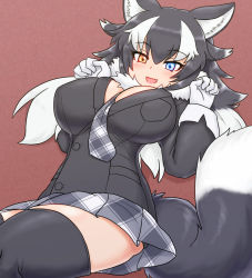Rule 34 | 1girl, animal ears, between breasts, black thighhighs, blue eyes, blush, breast pocket, breasts, commentary, commentary request, fang, fur collar, gloves, grey wolf (kemono friends), heterochromia, highres, kemono friends, large breasts, long hair, looking at viewer, lying, mo23, multicolored hair, necktie, necktie between breasts, on back, open mouth, pocket, solo, tail, thighhighs, two-tone hair, white gloves, wolf ears, wolf girl, wolf tail, yellow eyes, zettai ryouiki