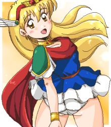Rule 34 | 1990s (style), 1girl, :d, akazukin chacha, ass, bare legs, belt, blonde hair, blue dress, blush, bracelet, bracer, brown eyes, cape, dress, earrings, female focus, floating hair, hairband, head wings, jewelry, legs, long hair, looking at viewer, looking back, lowres, magical princess, neck ring, open mouth, panties, red cape, red hairband, retro artstyle, sameha ikuya, short dress, short sleeves, skirt, smile, solo, standing, underwear, white panties, white skirt, wings
