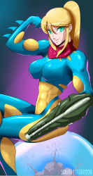 Rule 34 | 1girl, abs, arm cannon, blonde hair, blue bodysuit, bodysuit, breasts, elee0228, flexing, fusion suit, green eyes, highres, large breasts, long hair, metroid, metroid (creature), metroid fusion, multicolored clothes, muscular, nintendo, ponytail, power suit, samus aran, sidelocks, sitting, skin tight, smile, solfei, solo, weapon