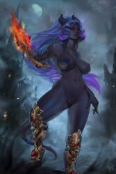 1girl absurdres armor black_nails black_skin black_tail blue_nipples breasts colored_nipples colored_sclera colored_skin draenei fire fog full_moon gold_armor highres large_breasts long_hair looking_at_viewer moon navel night nipple_piercing outdoors pentagram piercing pink_eyes pointy_ears purple_hair pussy red_sclera signature solo tail tigrsasha warcraft world_of_warcraft